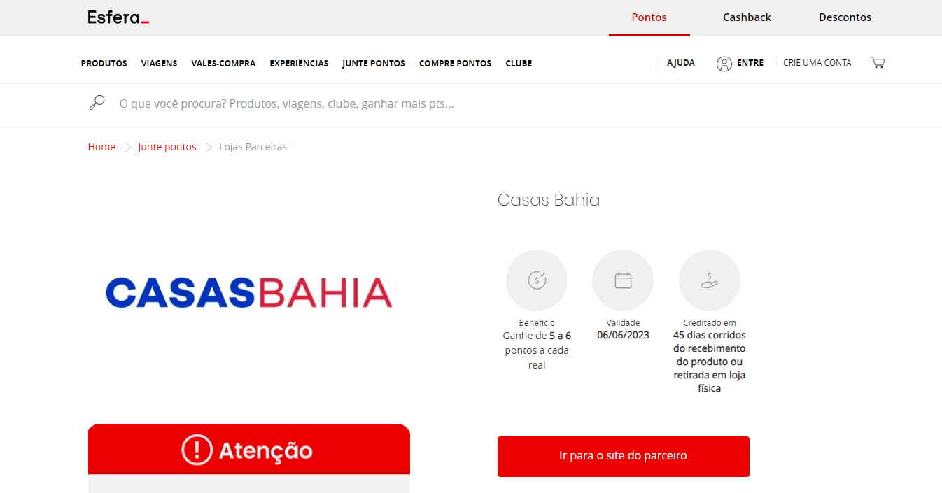 Compre na Casas Bahia e ganhe até 6 pontos Esfera por real