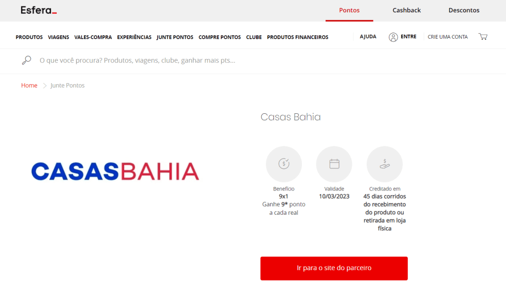 Página da oferta Esfera e Casas Bahia oferecendo 9 pontos por real gasto
