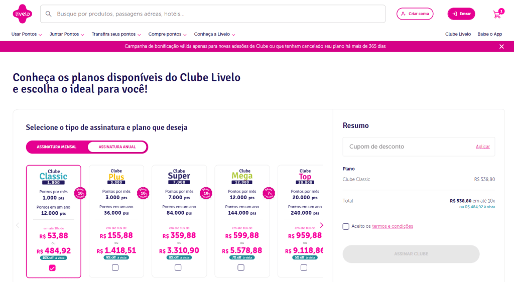 Banner da promoção da Livelo oferecendo até 20% de bônus na assinatura do Clube Livelo