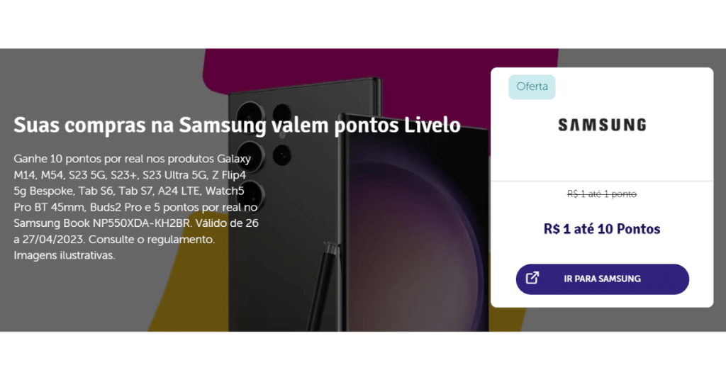 Oferta de até 10 pontos Livelo em compras Samsung