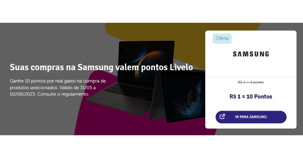 Oferta de 10 pontos Livelo na Samsung