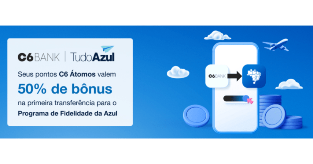 Oferta de 50% de bônus na transferência do C6 para o TudoAzul